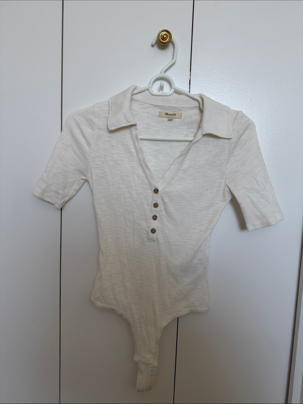 Madewell Cream Ribbed Polo-Style Bodysuit